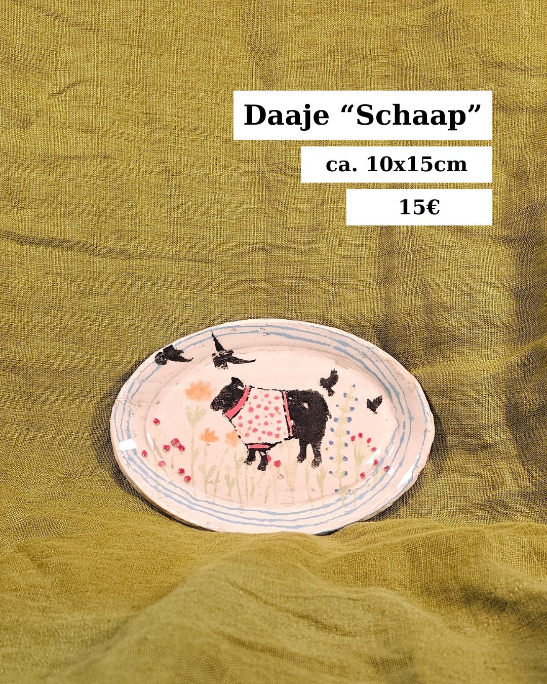 Ovale 10x15cm große bunte Keramikplatte mit Schafmotiv